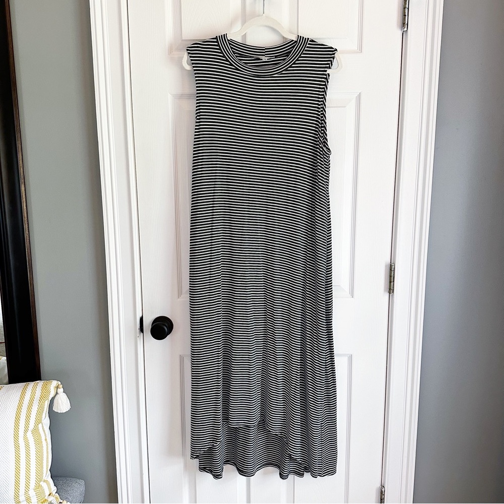 Tash + Sophie Black Ivory Striped Jersey Midi Dress XL High Low NWOT